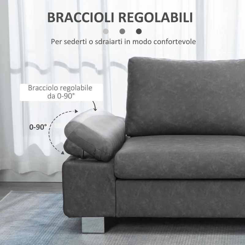 HOMCOM Divano 3 Posti Reclinabile e Imbottito con Braccioli Regolabili, in PU, Legno e Metallo, 200x88x86 cm, Grigio