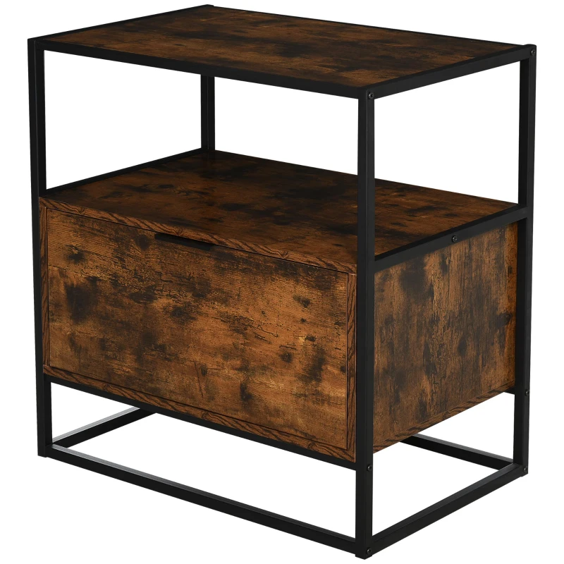 HOMCOM Table d'appoint table de chevet console meuble de rangement style industriel vintage grand tiroir, étagère et plateau aspect vieux bois veinage métal noir
