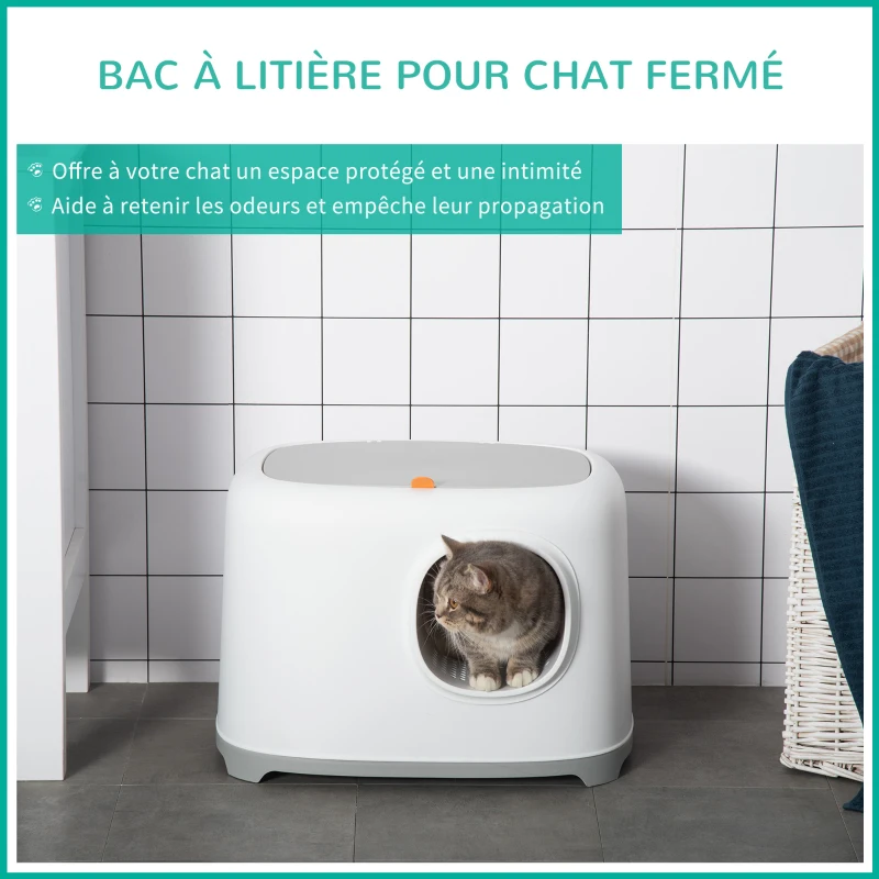 PawHut Bac à litière pour chat maison de toilette fermée avec couvercle et pelle, Plastique (PP), 55L x 40l x 39H cm, blanc