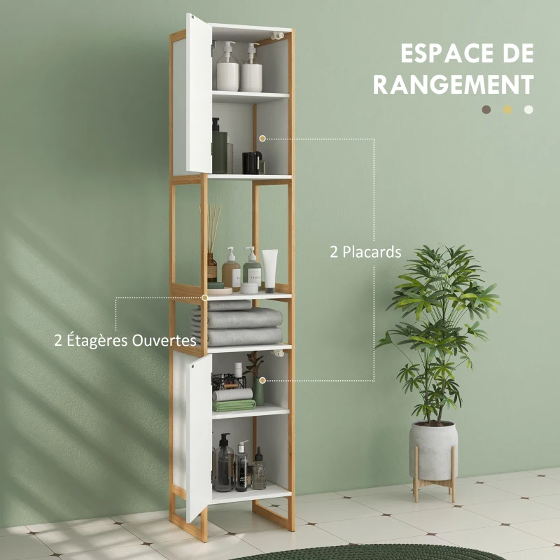 HOMCOM Meuble colonne de salle de bain avec 2 niches et 2 placards étagère réglable, bambou et MDF 33L x 33l x 170H cm blanc