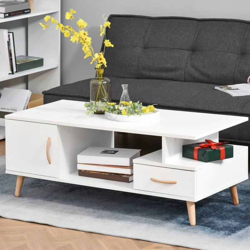 HOMCOM Modern Minimalism Coffee Table with Storage, Sofa Side Table with Shelf & Drawer for Living Room Reception Room, White