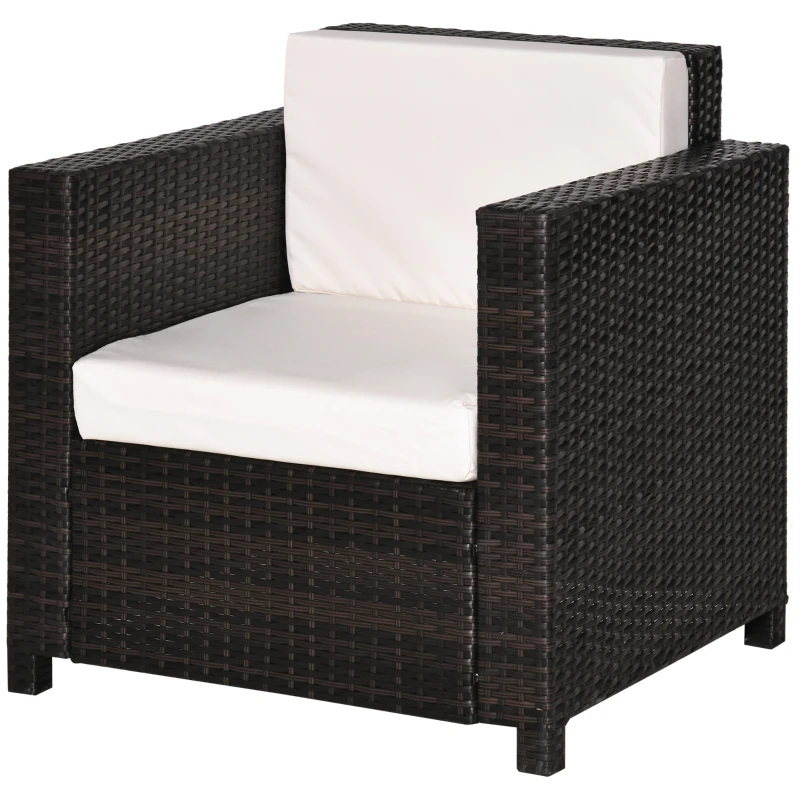 Outsunny Single Seater Rattan Chair, PE Wicker Garden Armchair with 10 cm Thickened Cushion, All-Weather Rattan Garden Chair with Armrests, Brown
