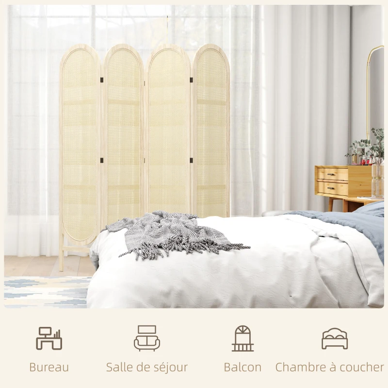 HOMCOM Paravent interieur en bois 4 panneaux 170 x 160 cm pliable et portable, motif tissé à la main, bois naturel