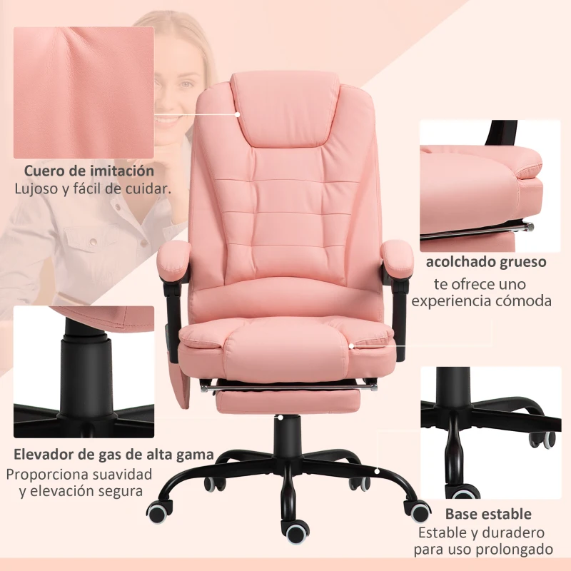 Vinsetto Silla de Oficina con 7 Puntos de Masaje con Reposapiés Retráctil Altura Ajustable Control Remoto y Tejido de PU Rosa