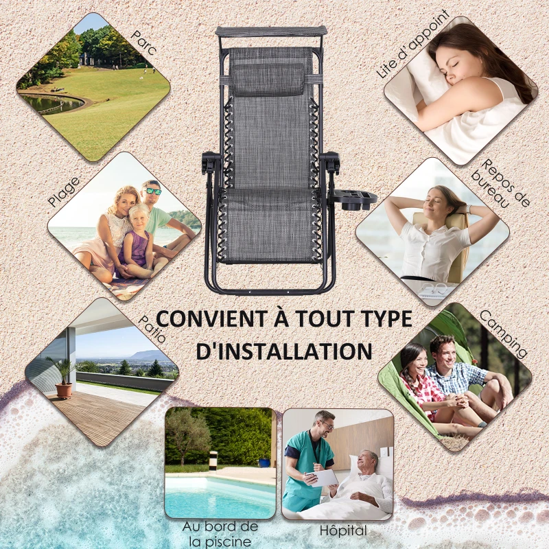 Outsunny Chaise Longue Pliable de Jardin Bain de Soleil zéro gravité Pare-Soleil et Dossier réglable Plateau Porte gobelet Accessoires Metal textilène Gris chiné