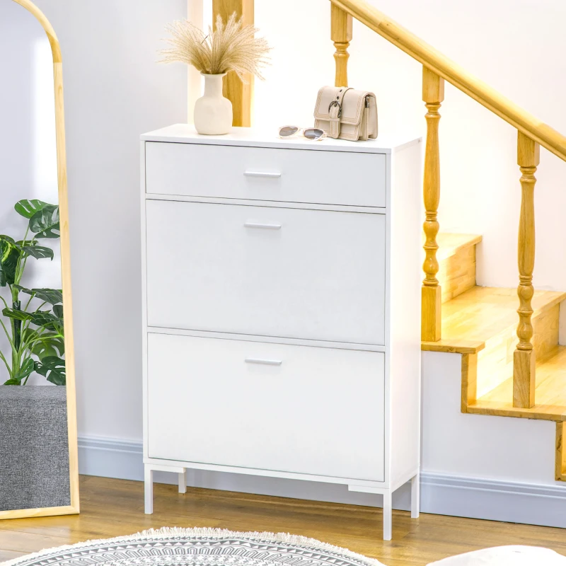 HOMCOM Mobile Scarpiera Moderno per 12 Paia di Scarpe con 2 Ante a Ribalta e Cassetto, 76x26x110 cm, Bianco