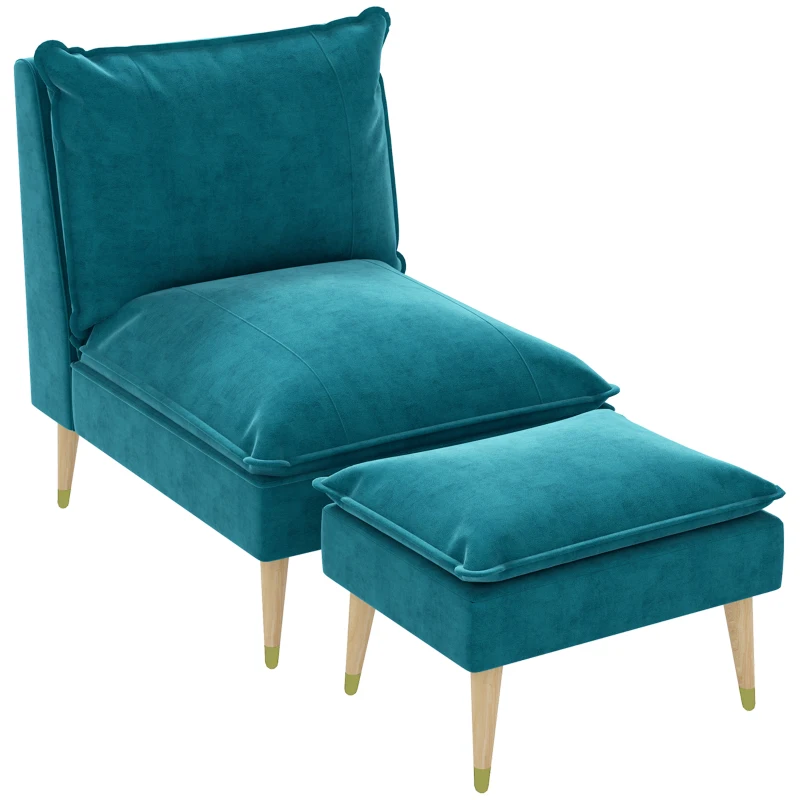 HOMCOM Fauteuil de relaxation avec repose-pieds fauteuil relax de salon pieds en bois d'hévéa revêtement aspect velours bleu