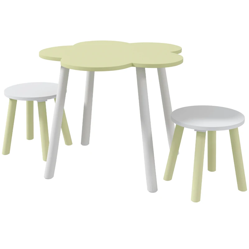 ZONEKIZ Mesa con 2 Sillas para Niños de 2-5 Años con Mesa en Forma de Flores Ø59x50 cm y Sillas Ø28x26 cm Verde Pastel y Blanco