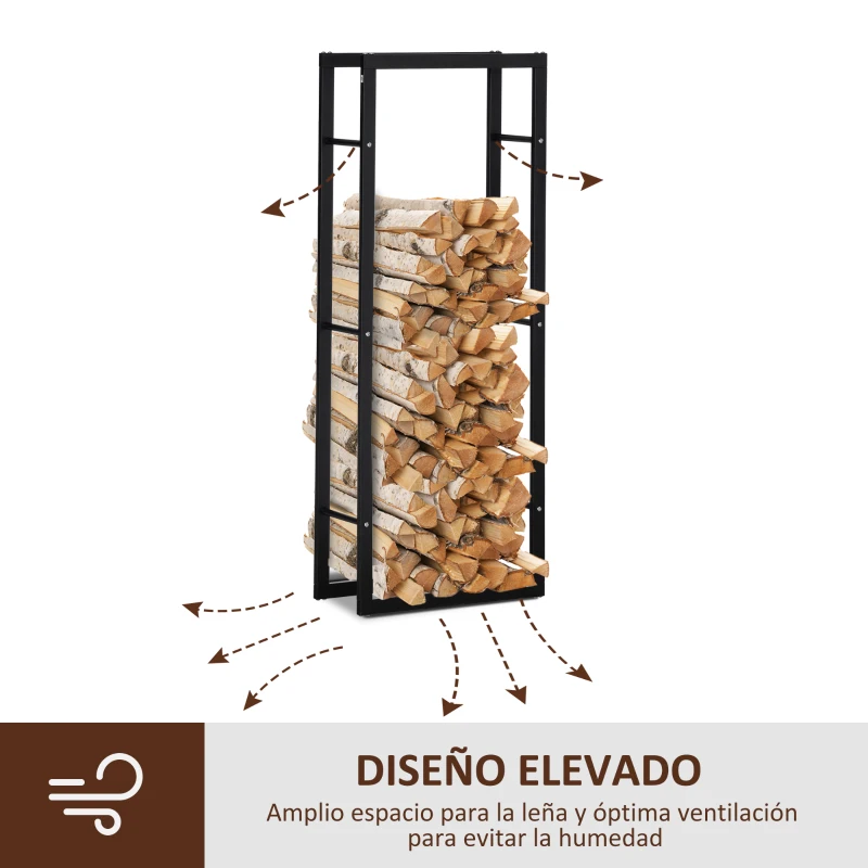 HOMCOM Soporte para Leña de Metal Estante de Leña Leñero de Exterior para Interior y Exterior Carga 100 kg 60x25x150 cm Negro