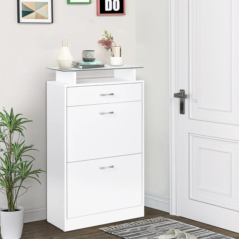 HOMCOM Mobile Scarpiera in Legno con 2 Ante a 2 Livelli, Cassetto e Ripiano in Vetro 60x24x105.5 cm, Bianco