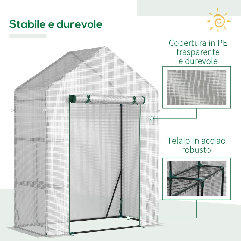 Outsunny Serra da Giardino in PE e Acciaio per Esterni con 2 Scaffali e Porta Avvolgibile, 143x73x195 cm, Bianco