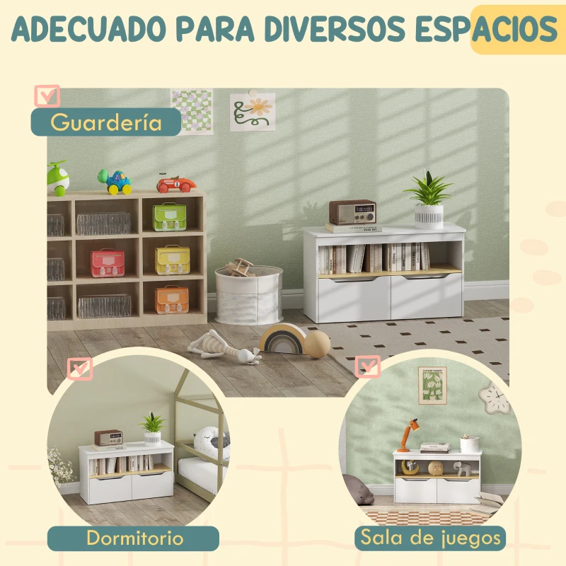 AIYAPLAY Estantería para Juguetes Infantil con 2 Cajones y Compartimento para Salón Dormitorio Sala de Juegos 80x30x45 cm Blanco