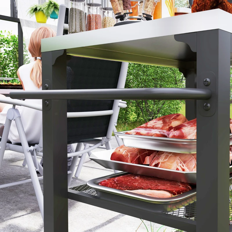 Outsunny Three-Shelf Outdoor Grill Cart with Stainless Steel Top, Outdoor Kitchen Island with 4 Wheels, 3 Hooks, Movable Food Prep Barbecue Pizza Oven Table for Kitchen, Garden, 65.5 x 41 x 79 cm