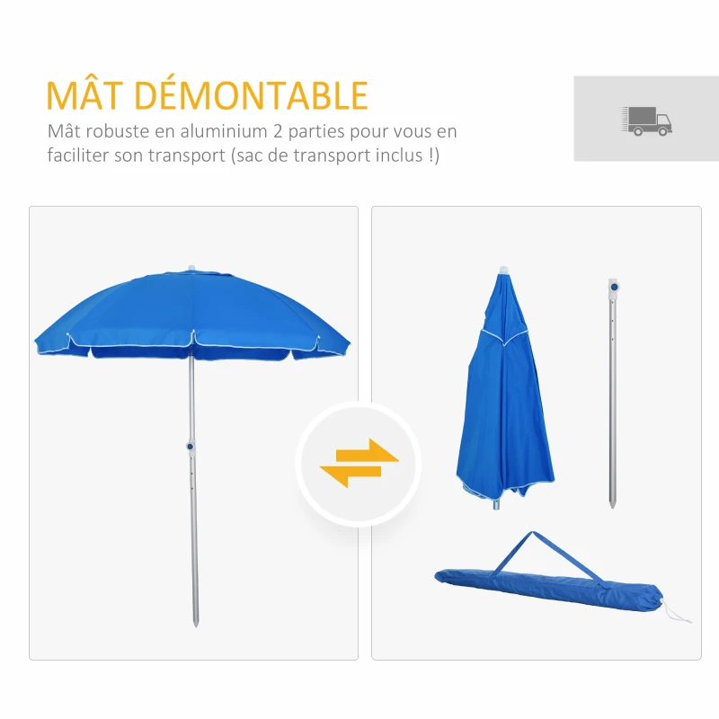 Outsunny Parasol de plage parasol inclinable octogonal Ø 180 cm tissu polyester haute densité anti-UV hauteur réglable mât aluminium sac de transport inclus bleu