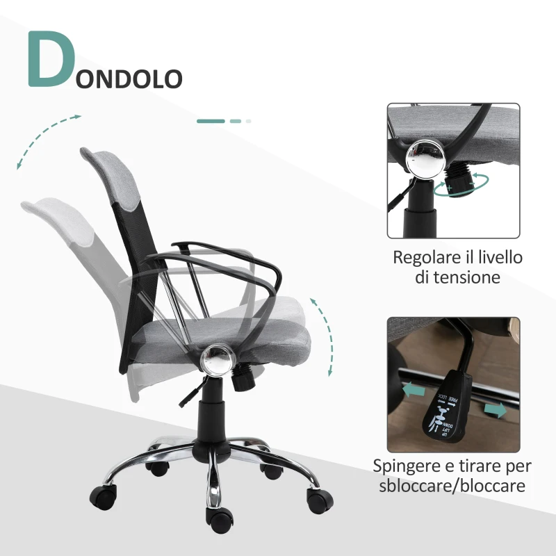 Vinsetto Poltrona da Ufficio in Tessuto Grigio, Sedia Girevole ed Ergonomica per Scrivania, 60 x 66 x 91-101cm