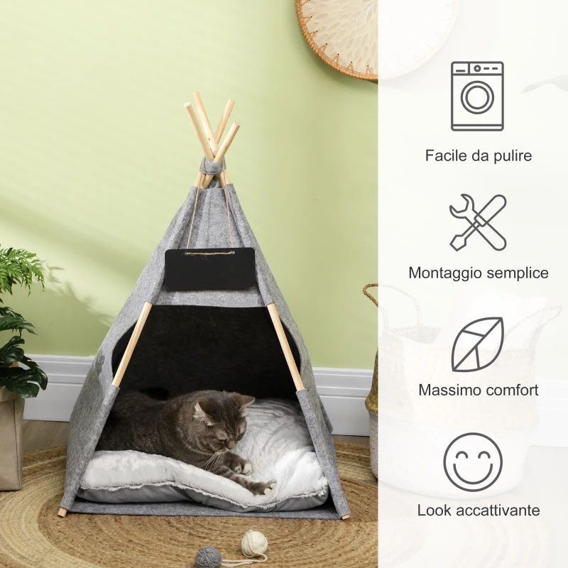 PawHut Tenda per Gatti, Cuccia per Gatti Fino a 6kg, Cuccia per Cani Piccoli da Interno, Teepee in Feltro Grigio, 58x58x80cm