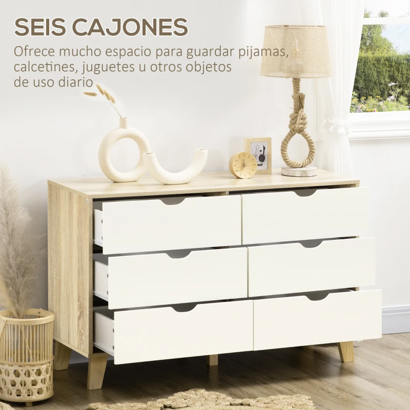 HOMCOM Cómoda con 6 Cajones Cajonera para Dormitorio Salón Estudio Estilo Moderno 120x40x76 cm Natural y Blanco(m-5)