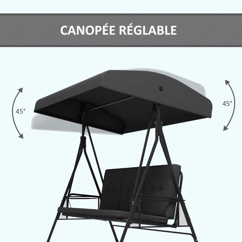 Outsunny Balancelle de jardin 3 places grand confort inclinaison toit réglable, 2 tablettes latérales, coussins, acier polyester