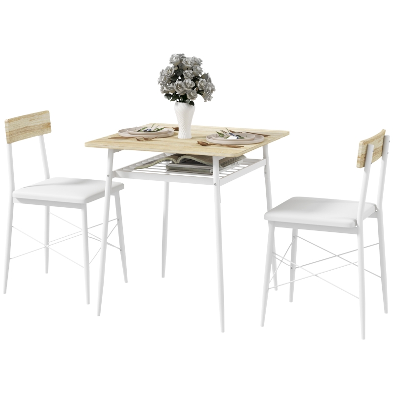 HOMCOM Ensemble table et chaises, table de cuisine avec chaises, structure en acier, avec 2 chaises encastrables, blanc chêne