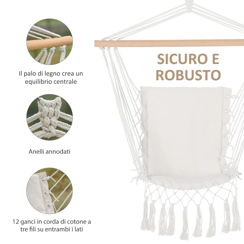 Outsunny Sedia Sospesa a Dondolo da Interno ed Esterno in Tessuto con Nappe, 90x50 cm, Crema