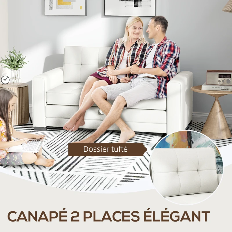 HOMCOM Canapé convertible 2 places canapé-lit avec dossier capitonné, coussins et matelas pliable au sol, blanc