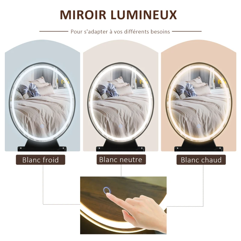 HOMCOM Coiffeuse Table de maquillage moderne - Miroir LED réglable intégré - Tabouret Inclus - pied en métal Noir - 2 tiroirs + 1 Organisateur Imitation Bois Noyer foncé