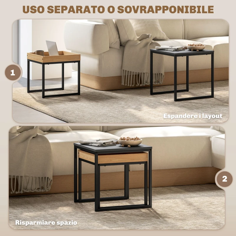 HOMCOM Set 2 Tavolini da Caffè Moderni con Gambe a U, in Legno e Acciaio, 45x45x45 cm e 40x40x40 cm, Nero