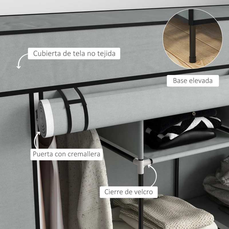 HOMCOM Armario Ropero de Tela Armario Portátil con 10 Compartimentos 2 Rieles Colgantes y 4 Cajones 166x42,5x169,5 cm Gris