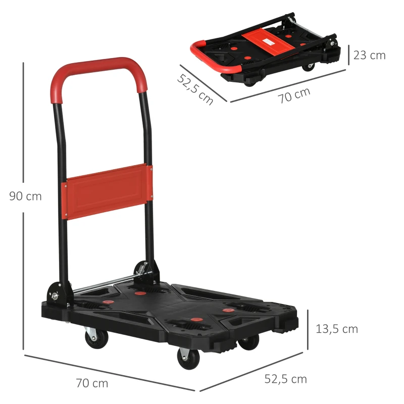DURHAND Carro de Plataforma Plegable Carga 150 kg Carretilla de Transporte con Mango Plegable Ruedas y Frenos 70x52,5x90 cm Negro y Rojo