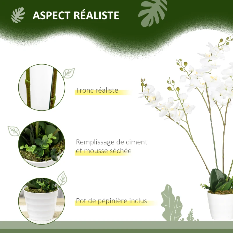 HOMCOM Plante artificielle orchidée avec 4 branches et 43 fleurs pot blanc hauteur 75 cm