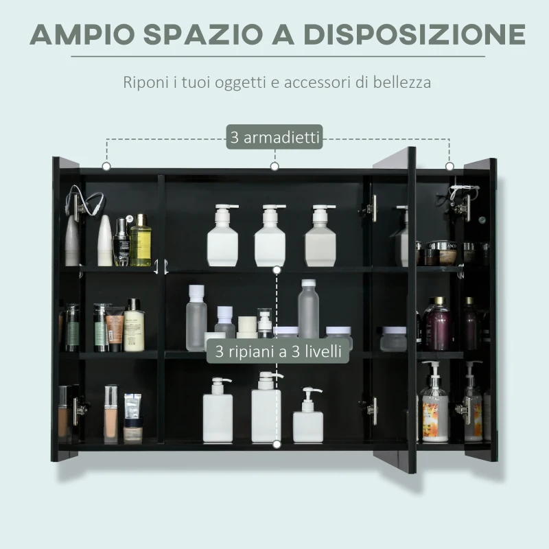 kleankin Armadietto con Specchio da Bagno a Parete in MDF con 3 Armadietti, 3 Ripiani e Luce LED, 90x15x65 cm, Nero