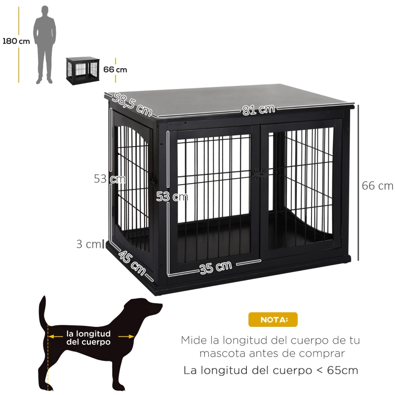 PawHut Jaula para Perros de Madera con Superficie de Mesa 2 Puertas y Rejillas de Metal 81x58,5x66 cm Negro