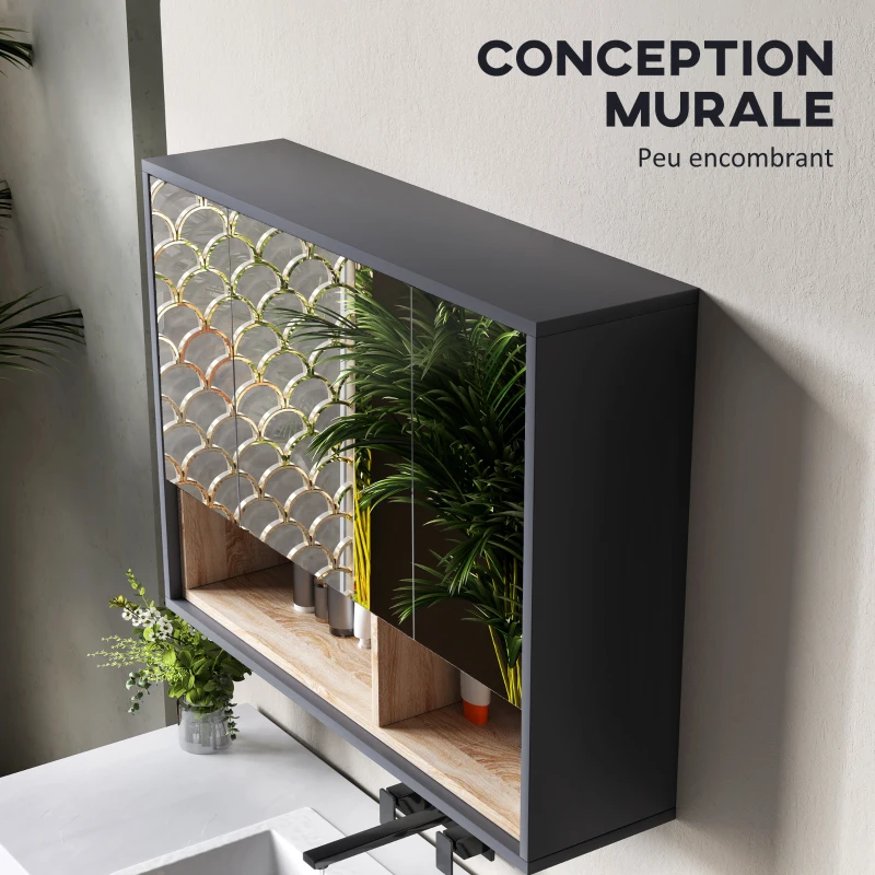 HOMCOM Meuble salle de bain avec miroir, armoire toilettes murale avec placards à 3 portes et 8 compartiments, gris(m-6)