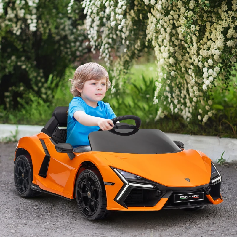 AIYAPLAY Lamborghini Revuelto Licensed 12V Ride on Car w/ Butterfly Doors, Transport Wheels, Suspension, Remote Control, Orange