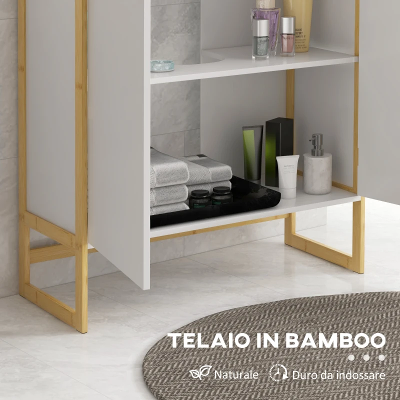 HOMCOM Mobile Sottolavabo Bagno con 2 Ante a Pressione in Bambù e MDF con Intaglio a U, 70x33x79.5cm, Bianco