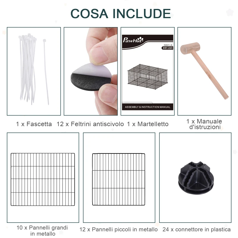 Pawhut Gabbia per Conigli e Piccoli Animali, 22 Pannelli Modulabili in Metallo con Porta, Nero, 105 x 70 x 45cm