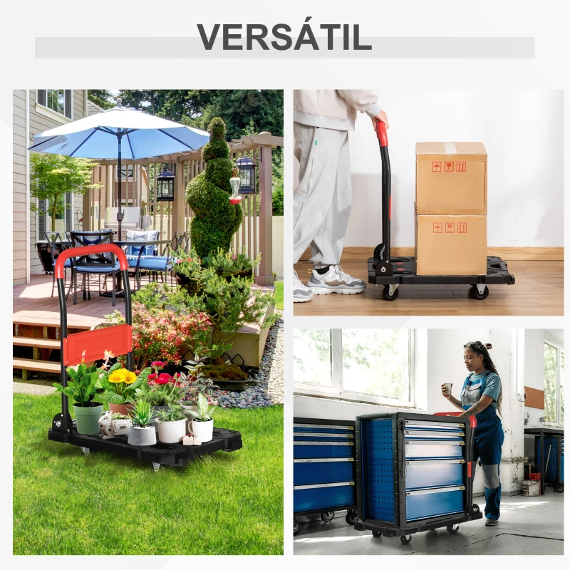 DURHAND Carro de Plataforma Plegable Carga 150 kg Carretilla de Transporte con Mango Plegable Ruedas y Frenos 70x52,5x90 cm Negro y Rojo