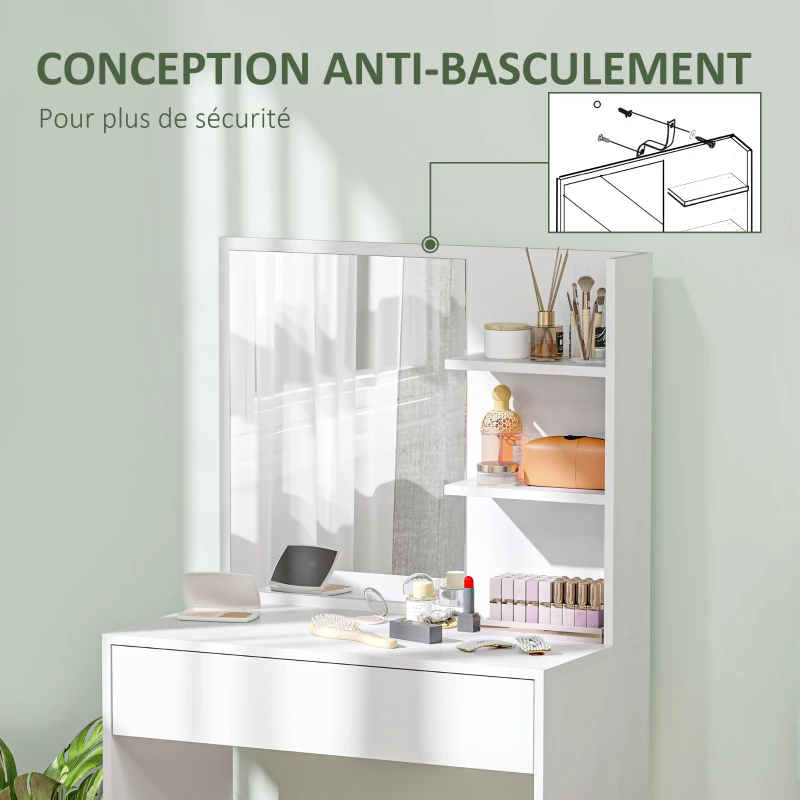 HOMCOM Coiffeuse avec miroir, table de maquillage avec tiroir et étagères, pour chambre à coucher, 75l x 40P x 137H cm, blanc