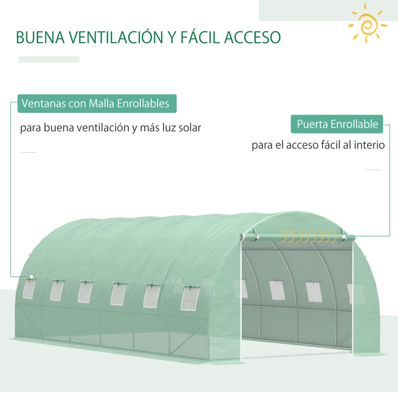 Outsunny Invernadero de Túnel con 12 Ventanas Puerta Invernadero de Huerto para Cultivos Plantas Verduras Flores Verde