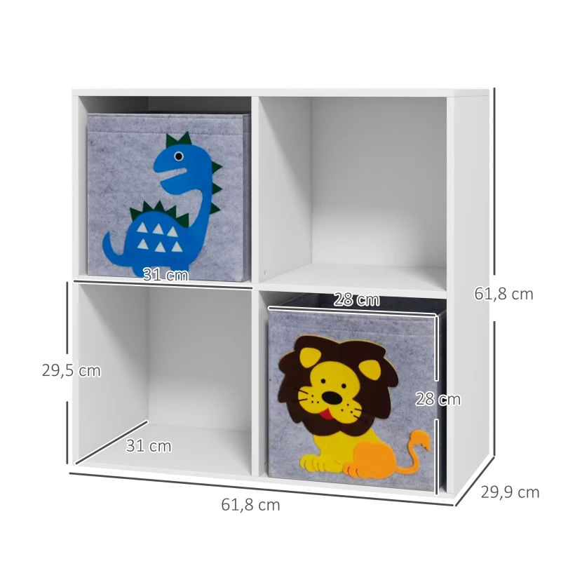 ZONEKIZ Meuble étagère bibliothèque 4 cases 2 cubes paniers tissu motif dinosaures pour chambre enfant 62 x 30 x 62 cm blanc