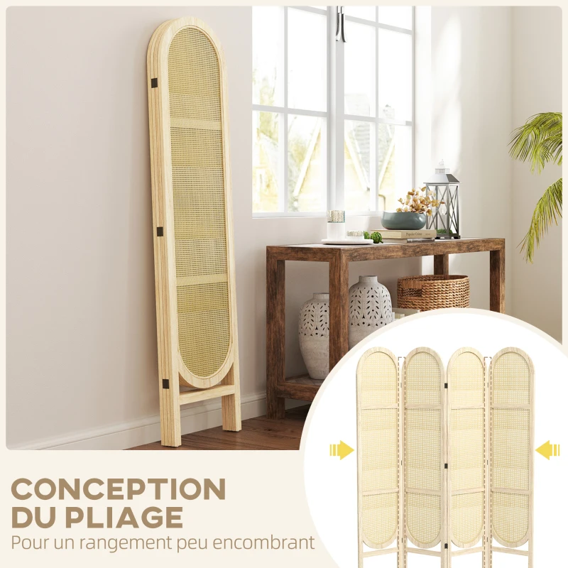 HOMCOM Paravent interieur en bois 4 panneaux 170 x 160 cm pliable et portable, motif tissé à la main, bois naturel