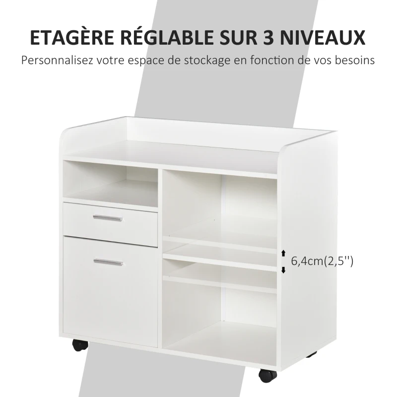 Vinsetto Support d'imprimante - Caisson d'organisation de Bureau Roulant - Dim. 80l x 40P x 72H cm en Bois Blanc