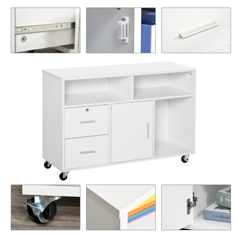 HOMCOM Mobile File Cabinet for Home Office, Lateral Filing Cabinet, Printer Stand with Open Shelves, Lockable Drawer,100cm x 35cm x 65cm, White