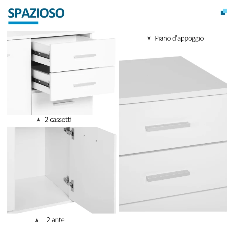 HOMCOM Cassettiera da Ufficio 2 Cassetti 2 Ante con Ripiano Regolabile Legno 71x35x76cm Bianco