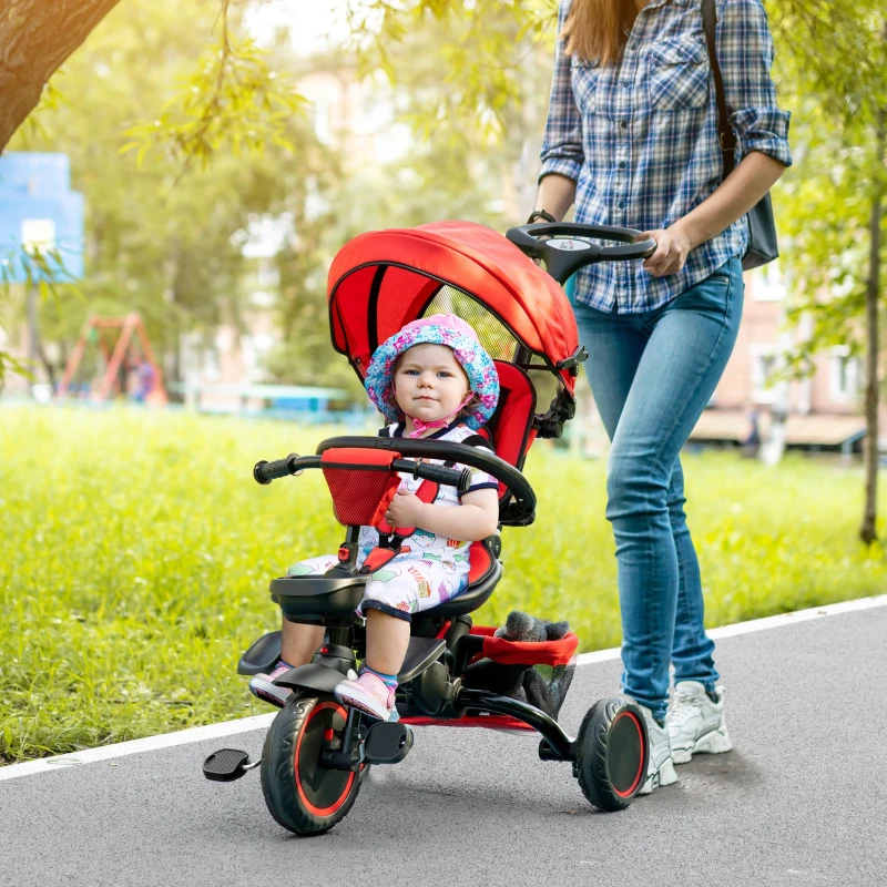 HOMCOM Multifunctional Kids Tricycle, with Rotatable Seat, Adjustable Push Handle - Red