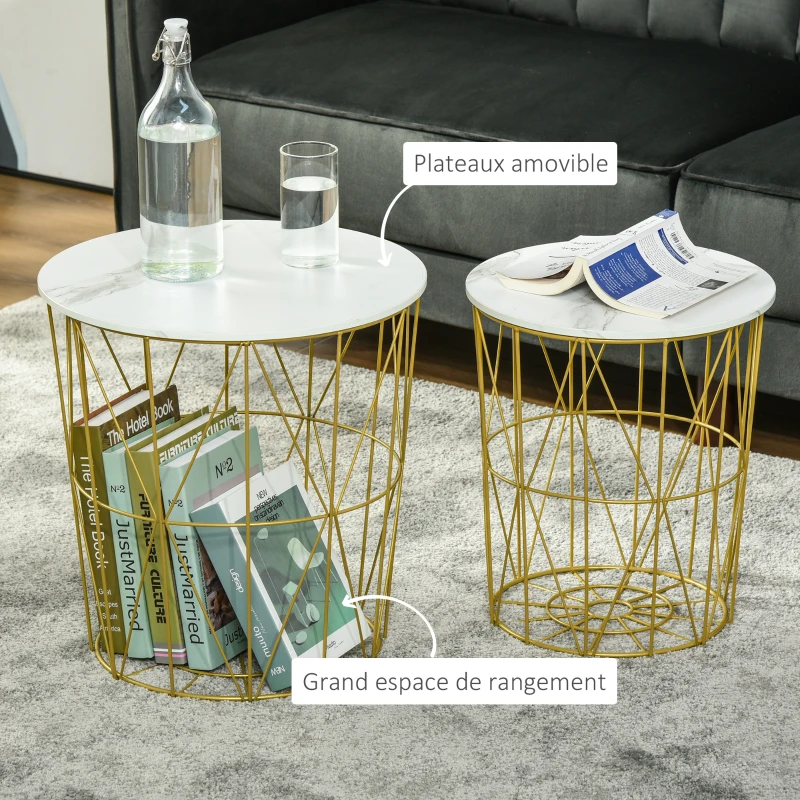 HOMCOM Lot de 2 Tables Basses gigognes - Tables d'appoint Rondes encastrables Style néo-rétro Bicolore Structure métal doré Plateau MDF Aspect marbre Blanc