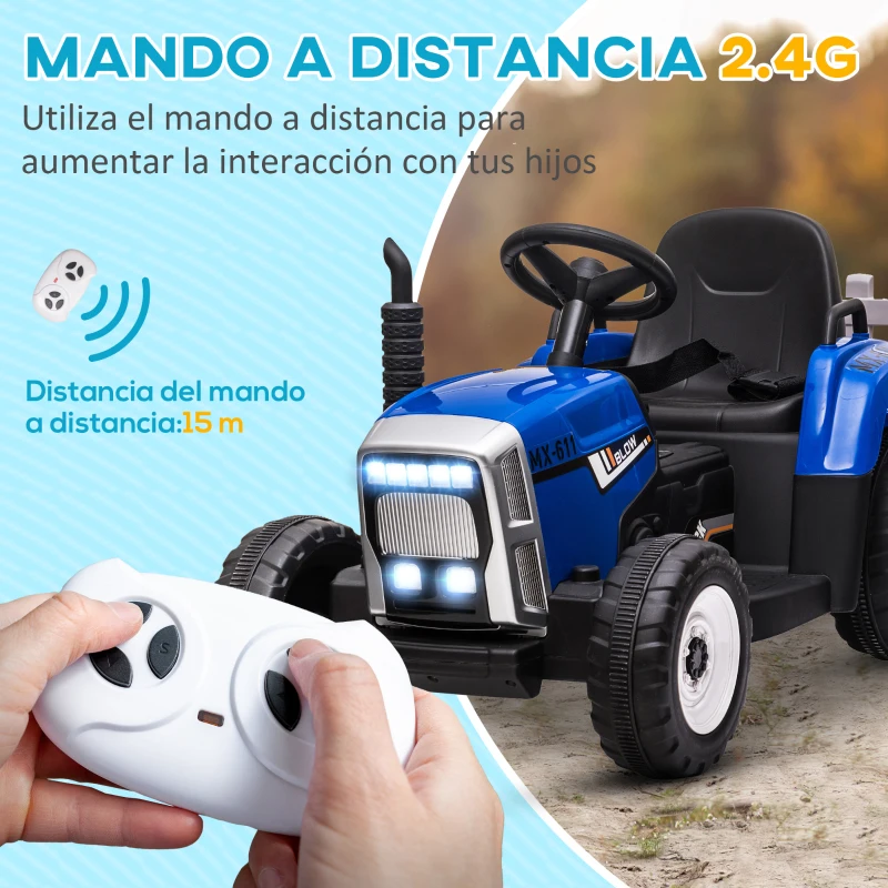 HOMCOM Tractor Eléctrico con Remolque para Niños 3-6 Años con Control Remoto y Cinturón de Seguridad 136,5x50x52,5 cm Azul