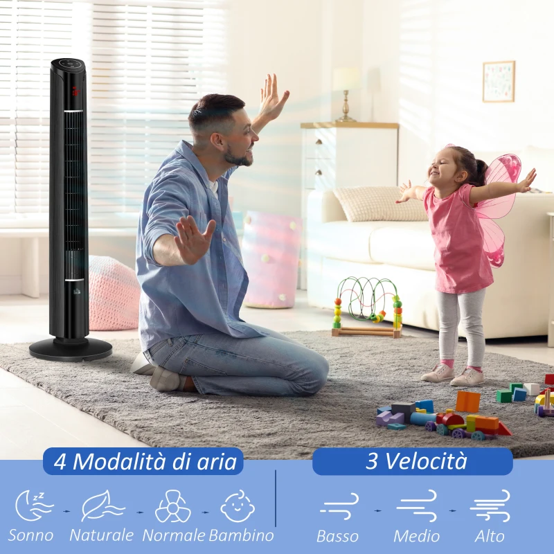 HOMCOM Ventilatore a Torre con 3 Velocità e 4 Modalità, Timer di 12h, Pannello LED e Telecomando, Nero