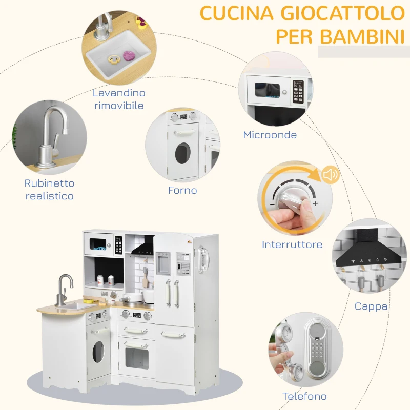HOMCOM Cucina Giocattolo in Legno per Bambini 3-6 Anni con 14 Accessori, Forno e Lavandino, 82x65x87 cm, Bianco