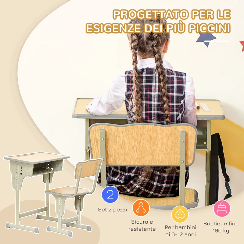 HOMCOM Banco Scuola con Sedia per Bambini 6-12 Anni, Scrivania per Bambini con Altezza Regolabile, Vano Contenitore e Portapenne, Acciaio e MDF, Color Legno